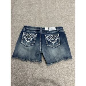 Y2K 00s Studded Western Cowgirl Grace in LA Bling Embroidered Denim Shorts Sz 34